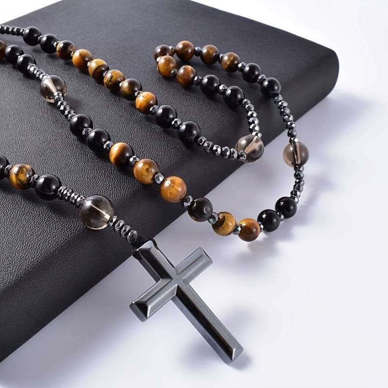 1pc Natural Tiger Eye Round Bead Long Chain Necklace with Hematite Cross Rosary Beads, Men's Jewelry for Spiritual Style - Image 10