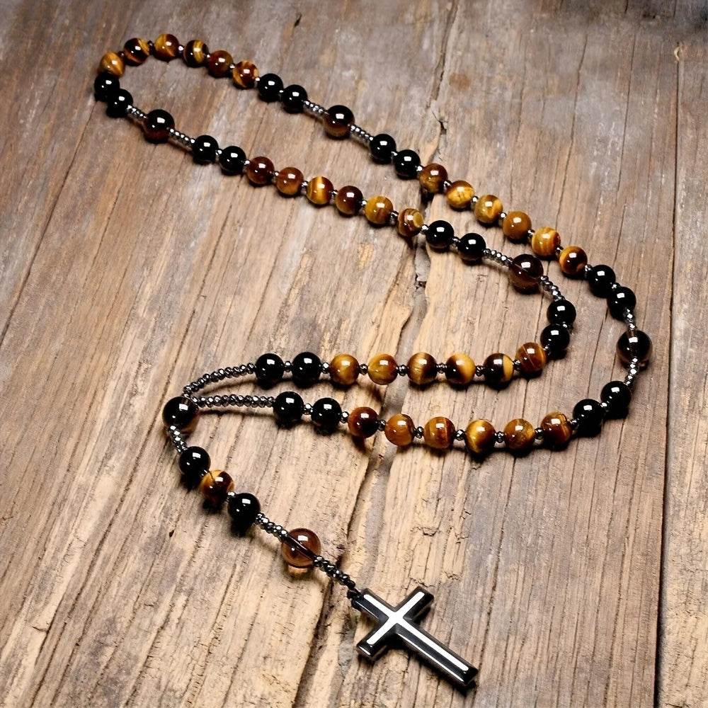 1pc Natural Tiger Eye Round Bead Long Chain Necklace with Hematite Cross Rosary Beads, Men's Jewelry for Spiritual Style - Image 12