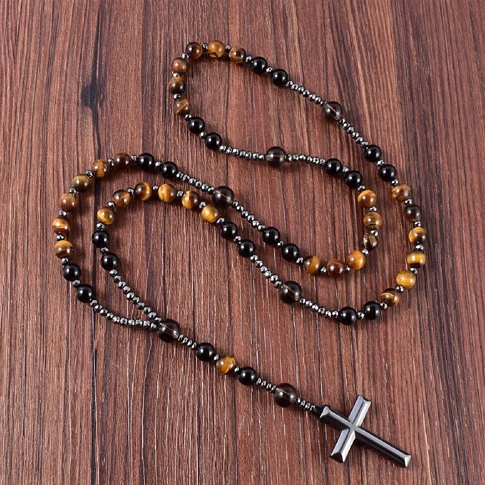 1pc Natural Tiger Eye Round Bead Long Chain Necklace with Hematite Cross Rosary Beads, Men's Jewelry for Spiritual Style - Image 3