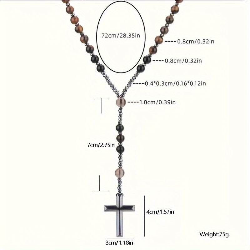 1pc Natural Tiger Eye Round Bead Long Chain Necklace with Hematite Cross Rosary Beads, Men's Jewelry for Spiritual Style - Image 5