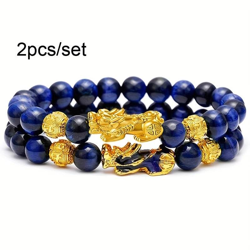 2 Pieces Natural Tiger Eye Stone Pixiu Charm Good Luck Bracelet for Men - Image 17