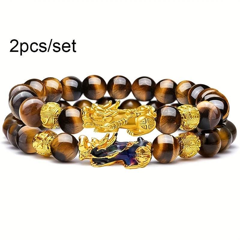 2 Pieces Natural Tiger Eye Stone Pixiu Charm Good Luck Bracelet for Men - Image 9
