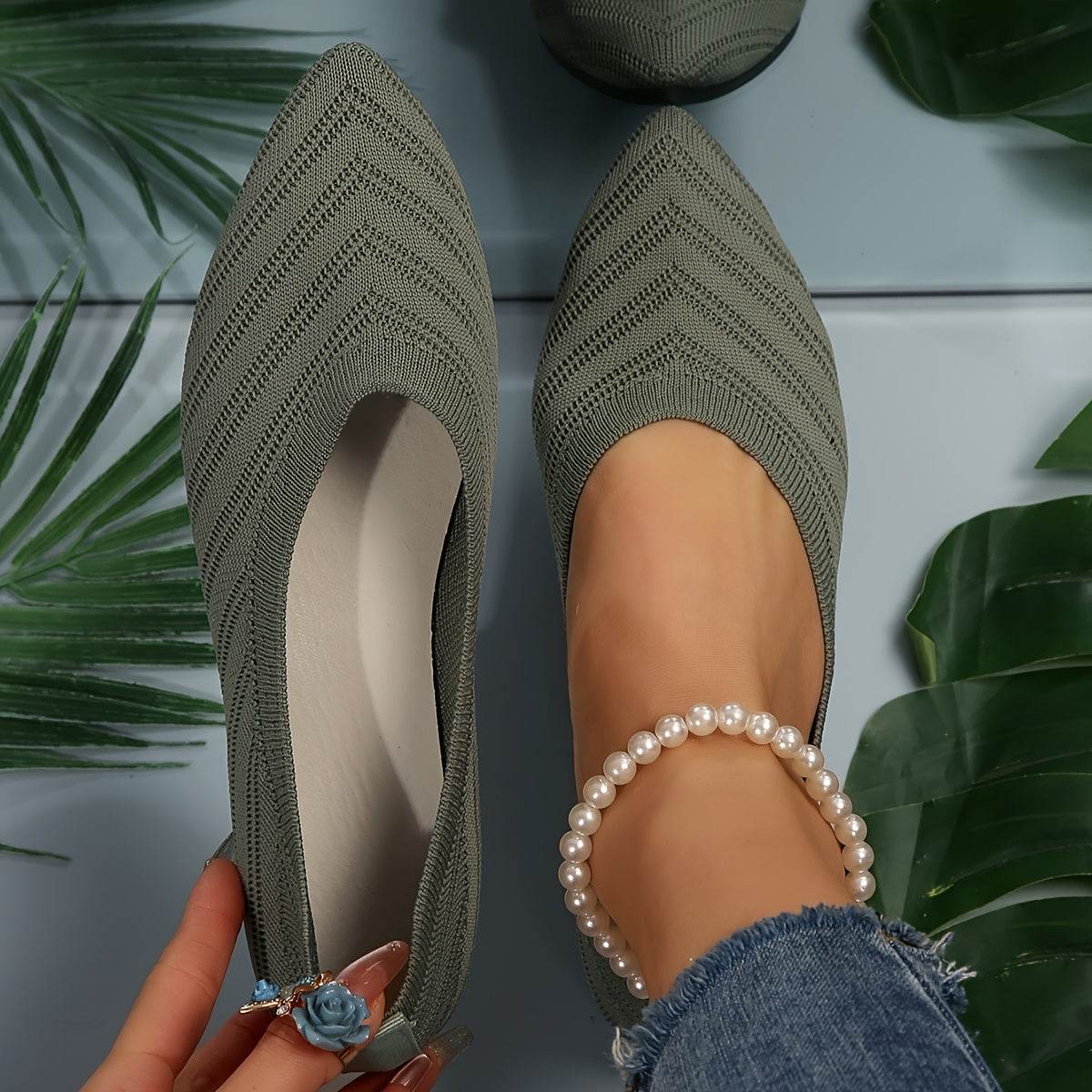 [Pointed Toe Breathable Flats] Women's Pointed Toe Flat Shoes, Solid Color Knitted Slip On Shoes, Casual Breathable Ballet Flats - Image 10