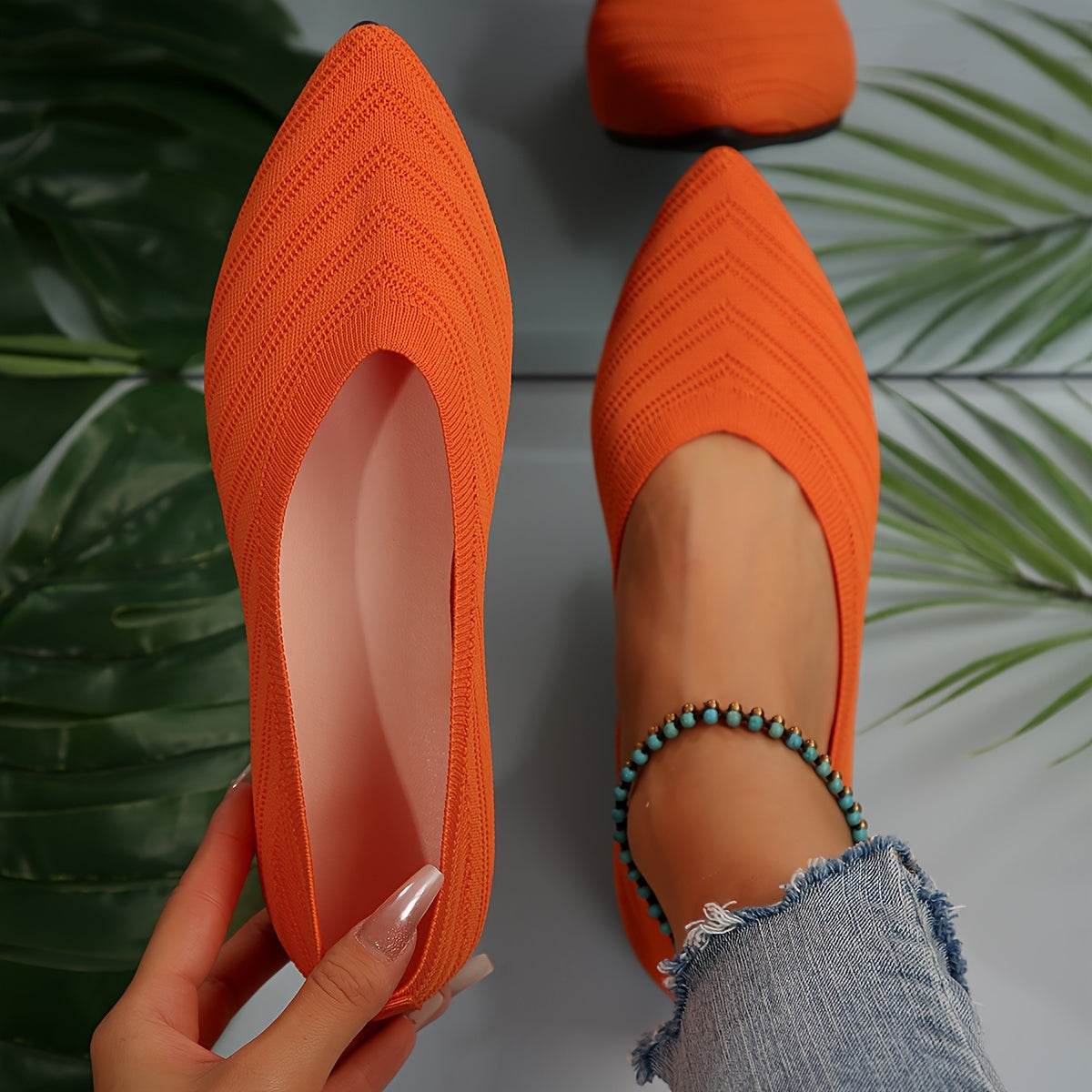 [Pointed Toe Breathable Flats] Women's Pointed Toe Flat Shoes, Solid Color Knitted Slip On Shoes, Casual Breathable Ballet Flats - Image 11