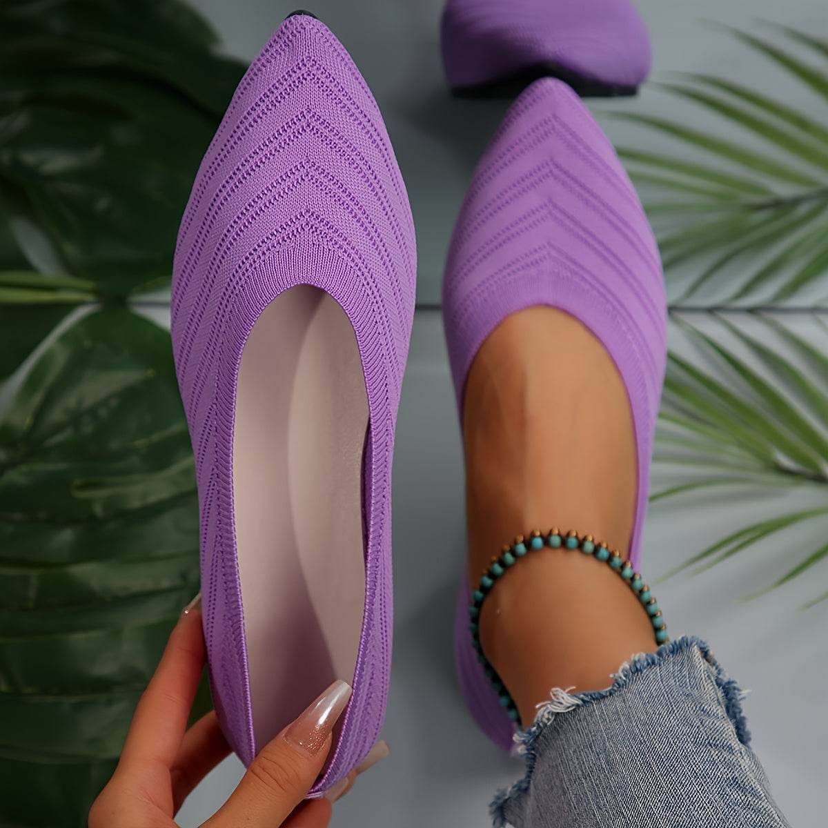 [Pointed Toe Breathable Flats] Women's Pointed Toe Flat Shoes, Solid Color Knitted Slip On Shoes, Casual Breathable Ballet Flats - Image 12