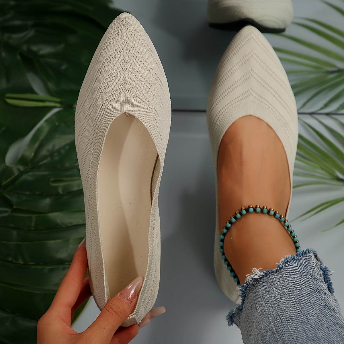 [Pointed Toe Breathable Flats] Women's Pointed Toe Flat Shoes, Solid Color Knitted Slip On Shoes, Casual Breathable Ballet Flats - Image 13