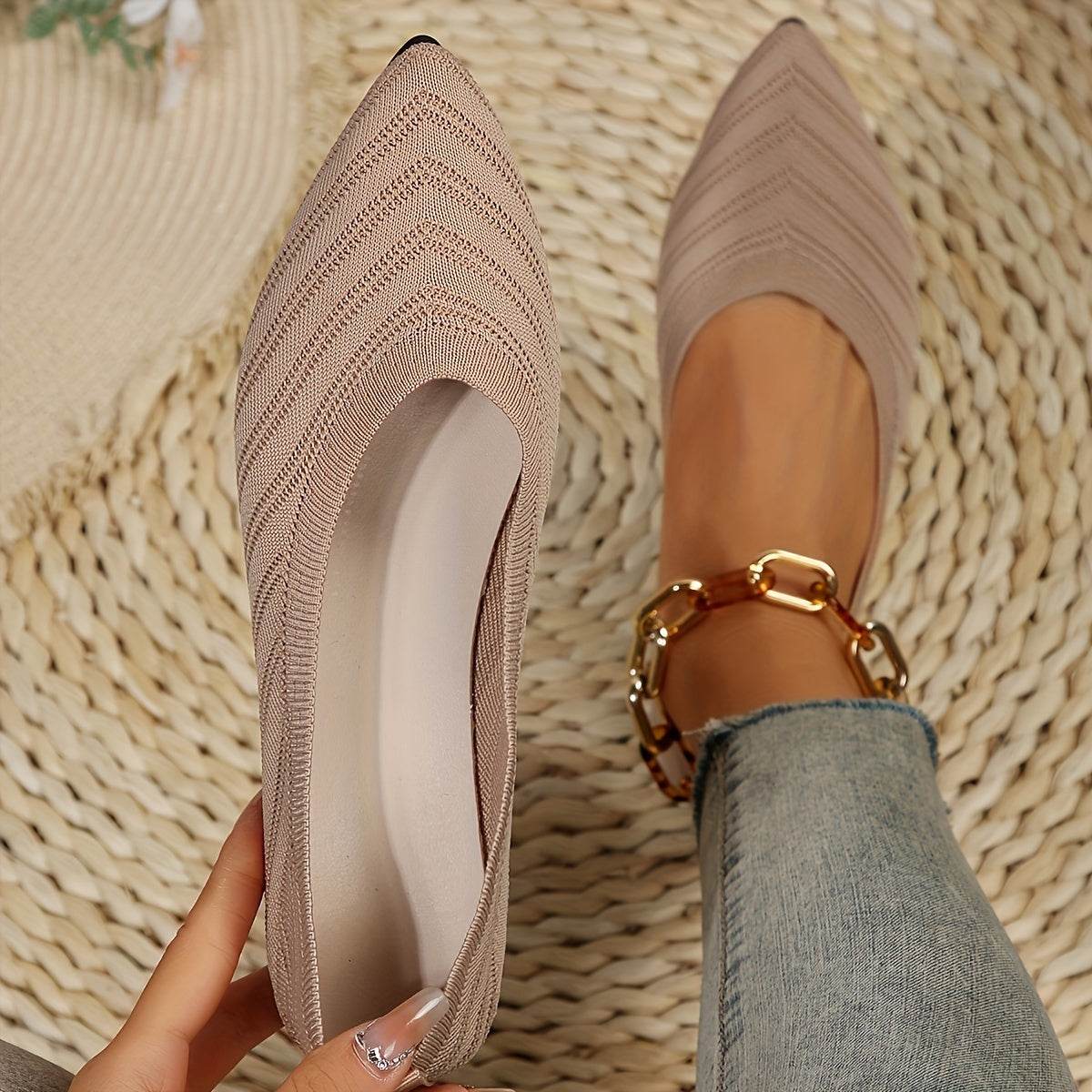 [Pointed Toe Breathable Flats] Women's Pointed Toe Flat Shoes, Solid Color Knitted Slip On Shoes, Casual Breathable Ballet Flats - Image 14