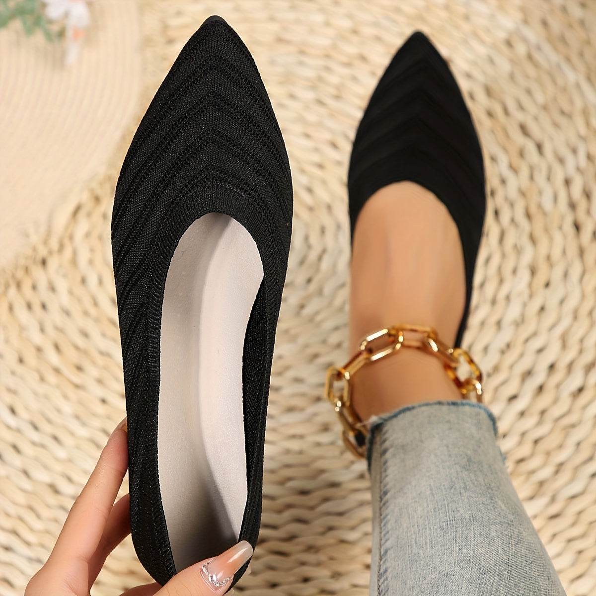 [Pointed Toe Breathable Flats] Women's Pointed Toe Flat Shoes, Solid Color Knitted Slip On Shoes, Casual Breathable Ballet Flats - Image 3