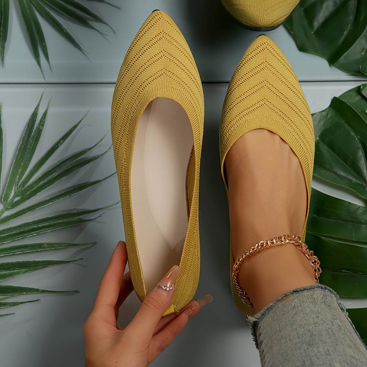 [Pointed Toe Breathable Flats] Women's Pointed Toe Flat Shoes, Solid Color Knitted Slip On Shoes, Casual Breathable Ballet Flats - Image 4
