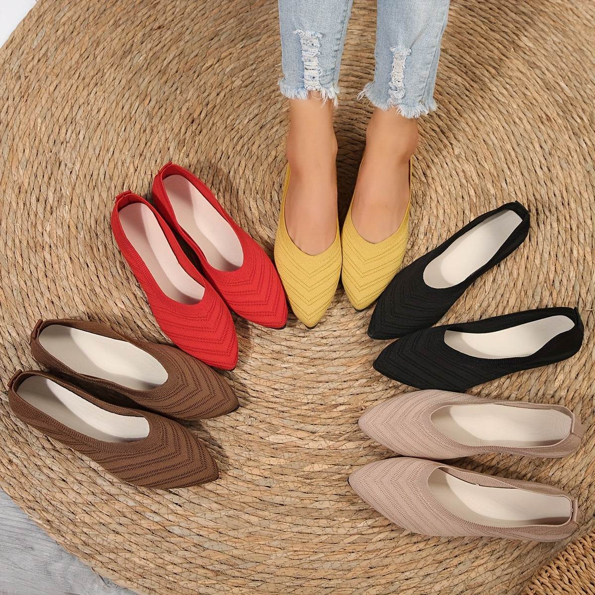 [Pointed Toe Breathable Flats] Women's Pointed Toe Flat Shoes, Solid Color Knitted Slip On Shoes, Casual Breathable Ballet Flats - Image 5