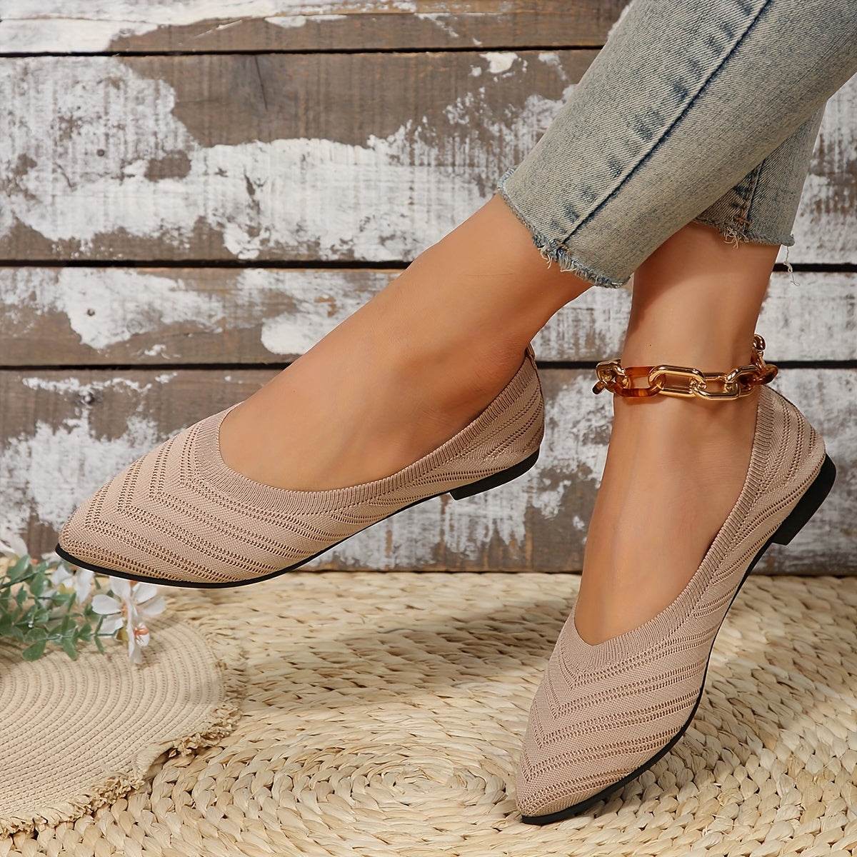 [Pointed Toe Breathable Flats] Women's Pointed Toe Flat Shoes, Solid Color Knitted Slip On Shoes, Casual Breathable Ballet Flats - Image 6
