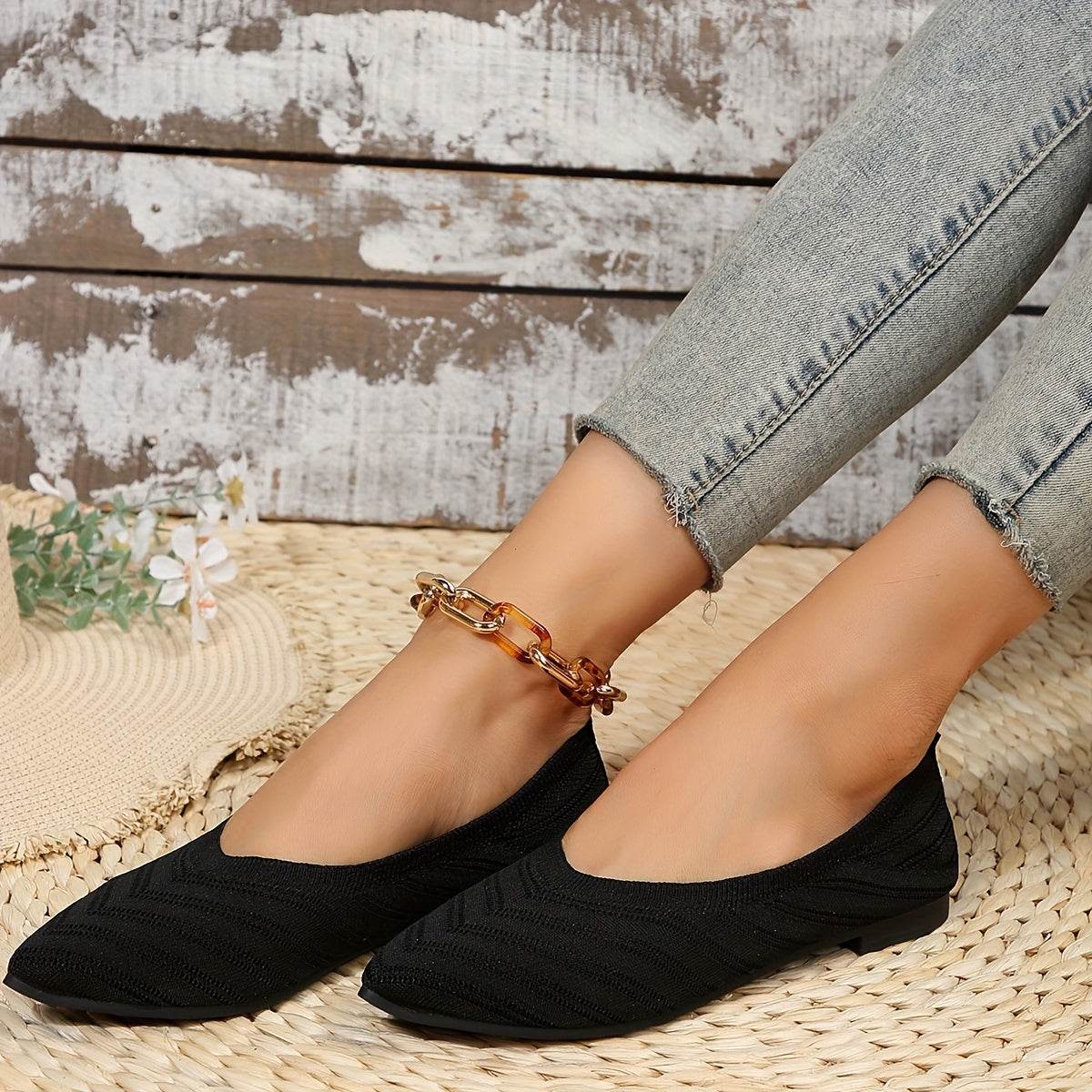 [Pointed Toe Breathable Flats] Women's Pointed Toe Flat Shoes, Solid Color Knitted Slip On Shoes, Casual Breathable Ballet Flats - Image 7