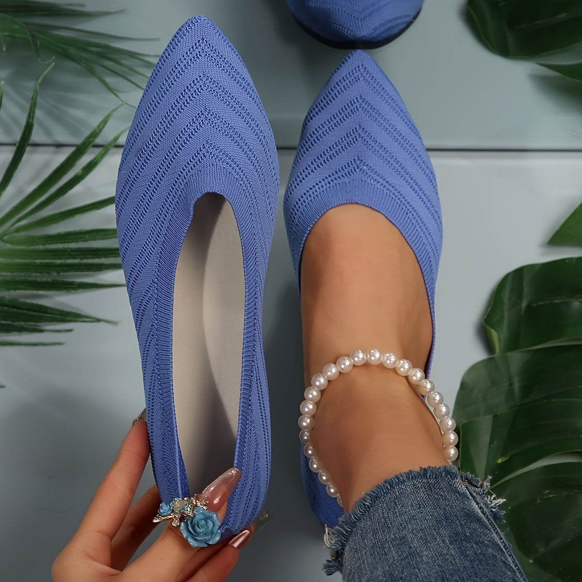 [Pointed Toe Breathable Flats] Women's Pointed Toe Flat Shoes, Solid Color Knitted Slip On Shoes, Casual Breathable Ballet Flats - Image 9