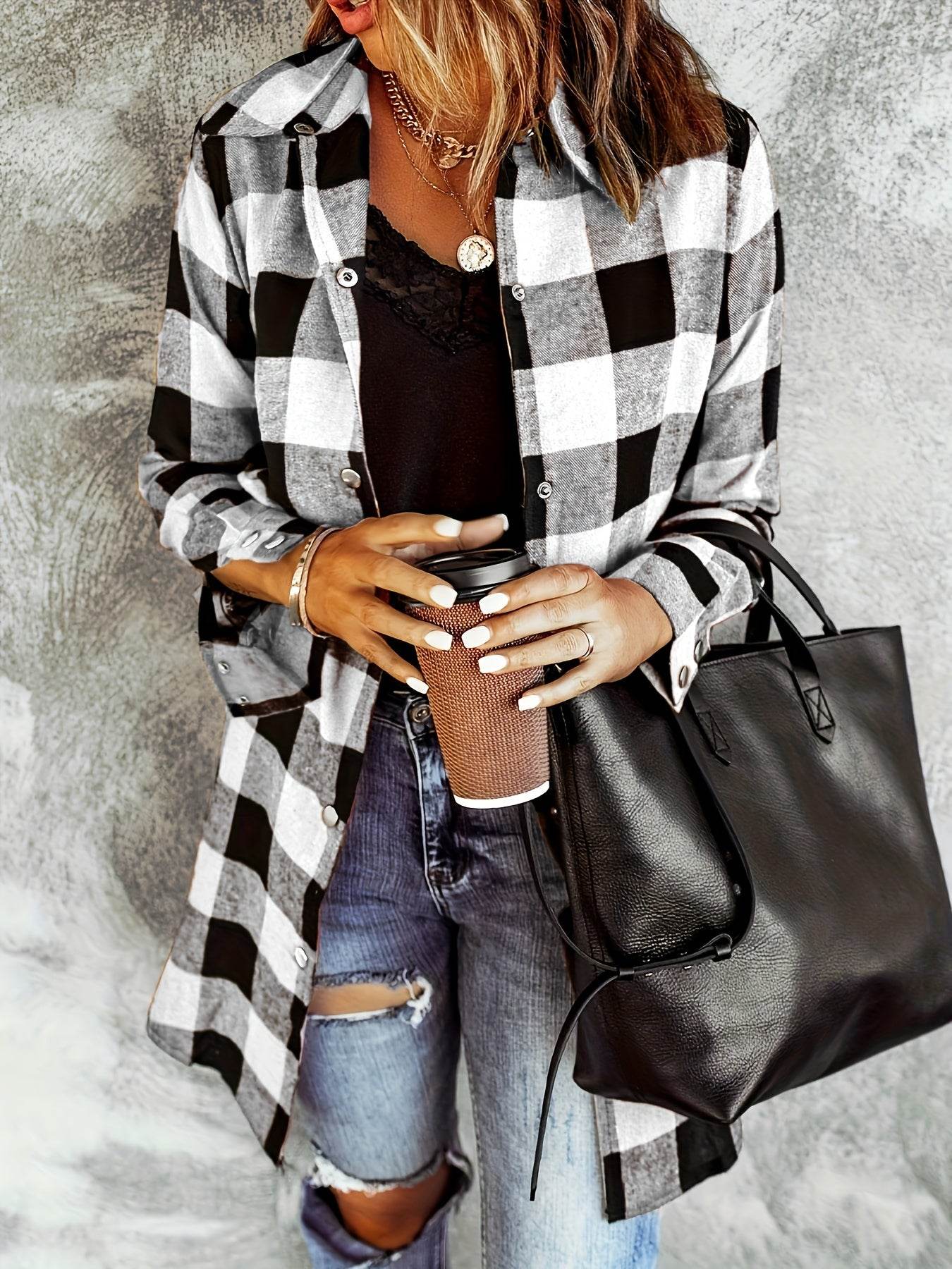 Relaxed Fit Plaid Shacket - Image 3