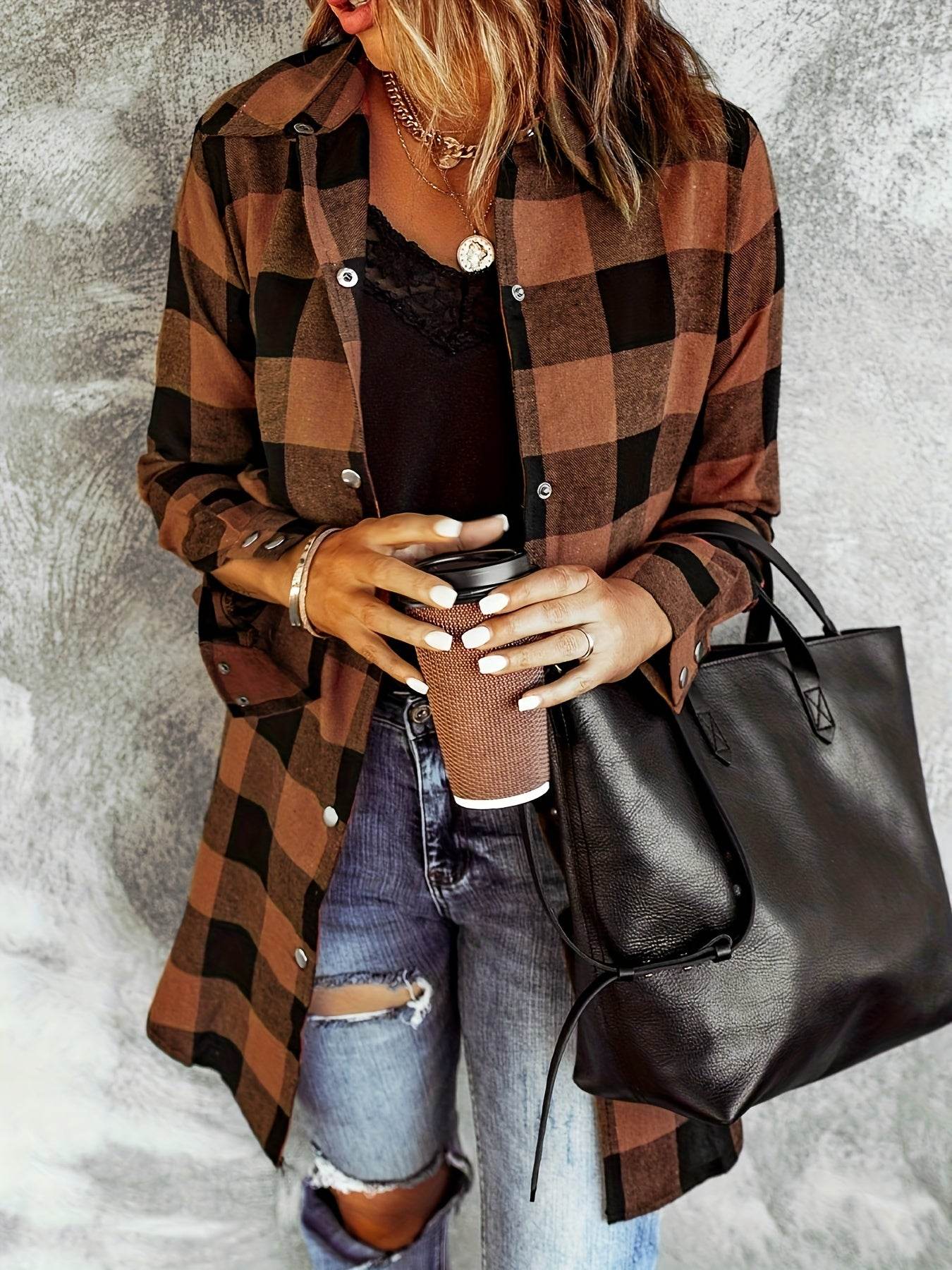 Relaxed Fit Plaid Shacket - Image 9