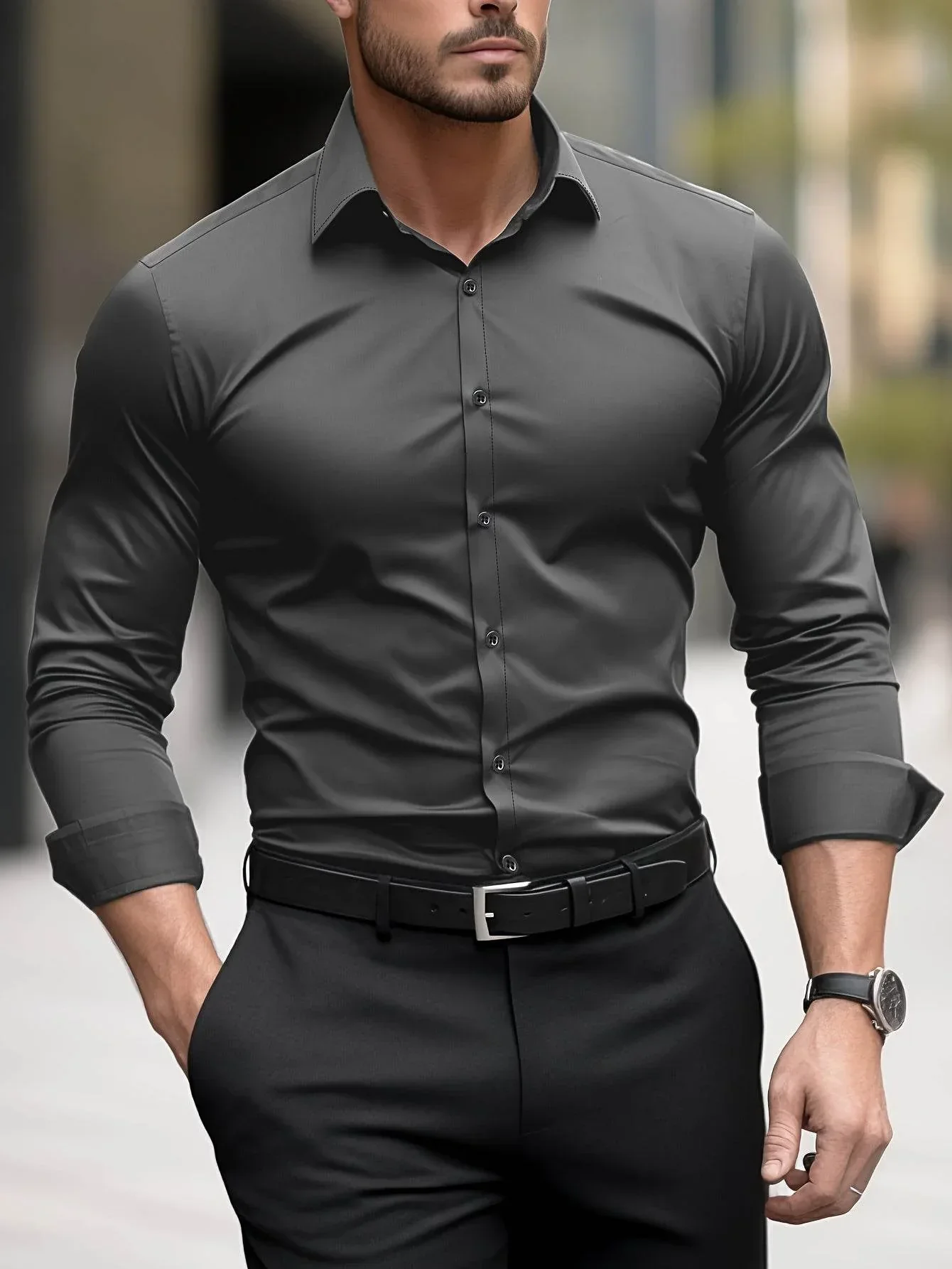 Slim Fit Glossy Dress Shirt - Image 3