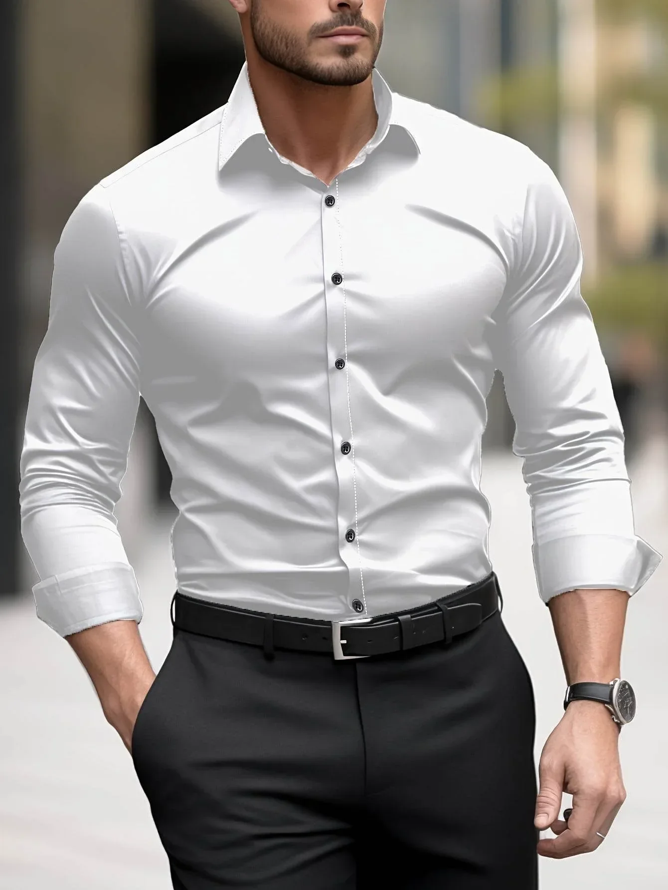 Slim Fit Glossy Dress Shirt - Image 8